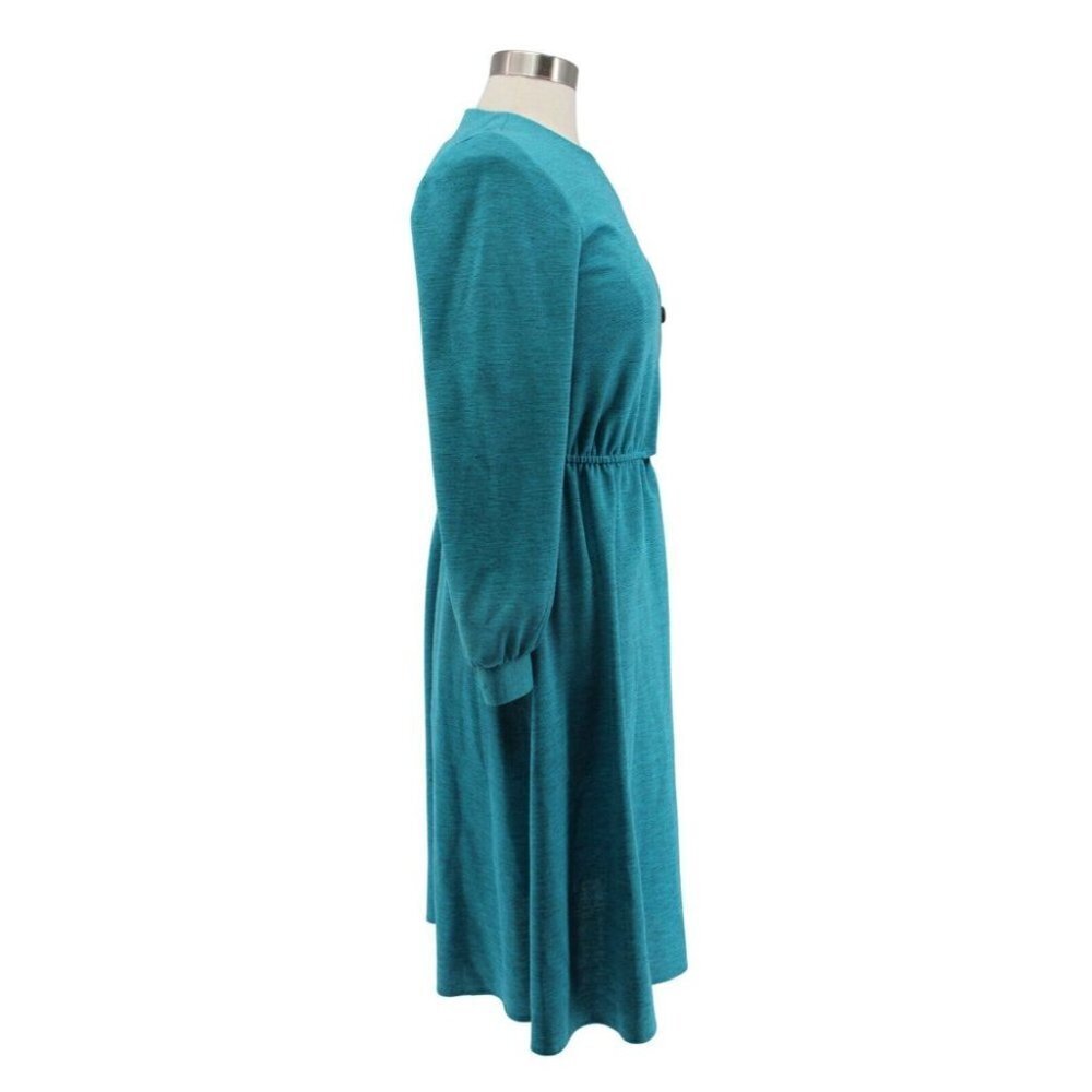 Vintage 70s Cora's Closet Turquoise Wool Elastic Waist Deco Buttons Dress Size S - Picture 3 of 7